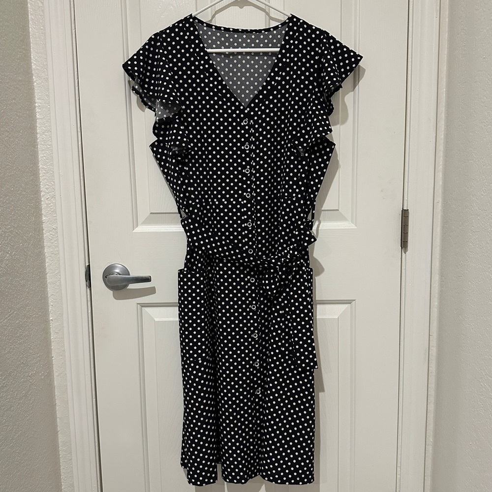 MITILLY Amazon Womens Boho Polka Dot Flutter Midi Dress with Pockets XL BLACK